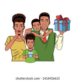 afroamerican family celebrating father day avatars kid and wife with gift and cupcake vector illustration graphic design
