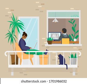 Afroamerican family at home. Mother with cat working on balcony, son studying online. Home office. House exterior. Flat vector illustration.