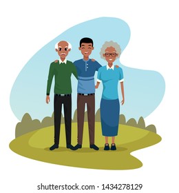 Afroamerican family old parents with adult son at nature outdoors cartoons vector illustration