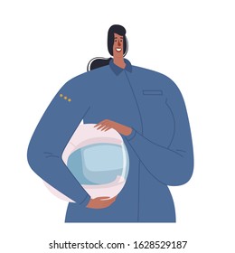 An afro-american female astronaut stands and holds a spacesuit helmet in his hand. The concept of the profession of women pilot
