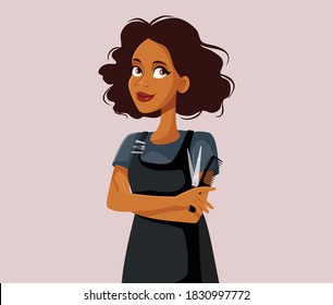 Afro-American Female Hair Stylist Standing With Arms Crossed. Young hairdresser wearing apron uniform holding scissors and comb  
