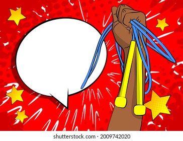 Afro-American female hand holds a skipping rope. Cartoon, comic book style vector illustration of a jumping rope. Drawn fitness equipment.