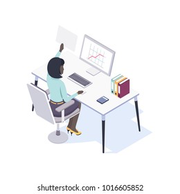 Afro-American Female Office Worker Seating at the Desk Using Mouse and Computer. View from the Back. Vector Illustration in Isometric Style.