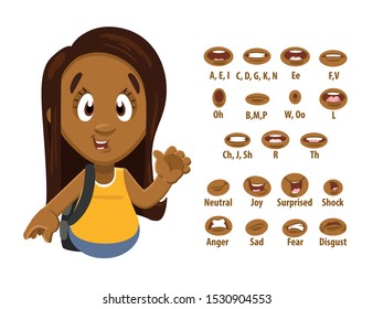 Afro-american girl with long hair in tee shirt shows to set of mouth, teeth positions. Lip sync emotions collection. Can be used for animation. Cartoon vector illustration isolated on white background