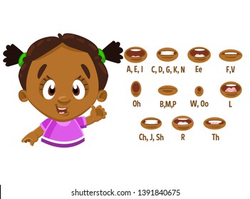 Afro-american girl with pigtails in pink dress shows to set of mouth, teeth positions. Lip sync collection. Can be used for animation. Cartoon vector illustration isolated on white background.