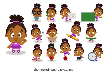 Afro-american girl in pink dress. Kid in different poses and situations: reads, learns, plants, sweeps. Full length front and three quater view. Ready to use cartoon vector set isolated on white.