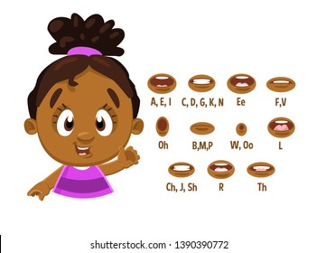 Afro-american girl with ponytail in pink dress shows to set of mouth, teeth positions. Lip sync collection for animation. Cartoon vector illustration isolated on white background. Puppet.