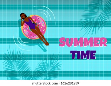 Afro-American girl in the pool. Summer illustration. Summer banner. Vector illustartion