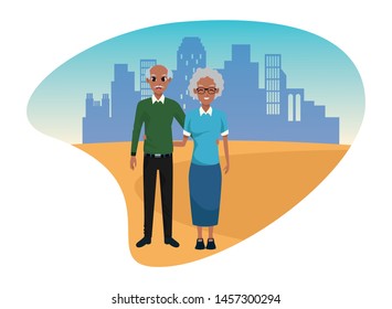 Afroamerican grandparents couple smiling cartoon in the city urban scenery vector illustration graphic design.