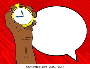 Afro-American Hand Holding Stopwatch. Comic Book Style Vector Illustration.