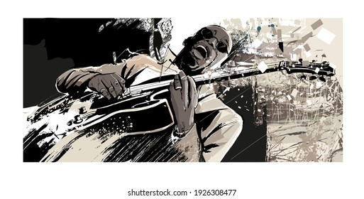 Afro-american jazz guitarist singing - vector illustration (portrait completely fictitious)