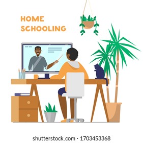 Afro-american kid sits at table and looks at teacher on screen. Home schooling or online learning concept. Flat vector illustration.