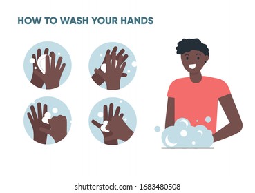 Afroamerican male character washing hands with soap in sink. Hygiene and virus prevention concept. Flat vector illustartion.