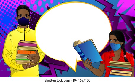 Afro-American Male And Female Student, Boy Carrying A Stack Of Books, Girl Reading, Wearing Face Mask. College University Or High School Learning. Comic Book Style Vector Illustration Education.