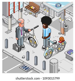 Afro-american man and caucasian man meet on sidewalk with bicycles. City architecture in background (isometric view)  