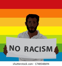 Afro-American man holding No racism sign. Vector illustration in colorful background