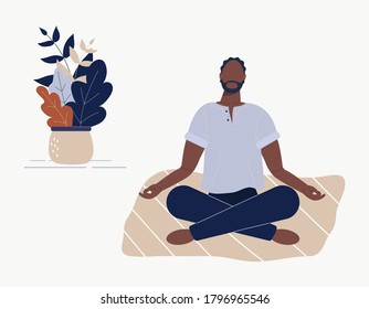 Afro-american man sitting with his legs crossed on floor and meditating. Young guy in yoga posture doing meditation, mindfulness practice, spiritual discipline at home.Flat cartoon vector illustration