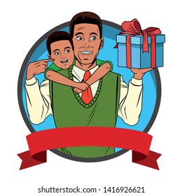 afroamerican man with sweater and tie carrying boy with gift box wrapped with ribbon and bow in round icon with ribbon banner vector illustration graphic design