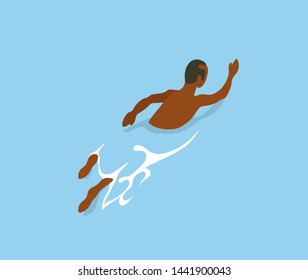Afro-american man swimming in blue water, back view. Vector athletic person on summer rest, enjoying summertime activities, butterfly swim, muatto guy