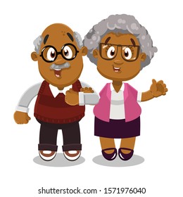 Afro-american mustached bald aged man in knitted vest, shirt and trousers standing nex to his wife. Happy family, couple of old people smiling. Vector cartoon illustration isolated on white.