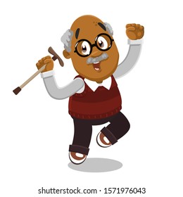 Afro-american mustached old man keeping walking stick and jumping for joy. Indian grandfather in glasses, knitted vest and shirt enjoying life. Vector cartoon illustration isolated on white background