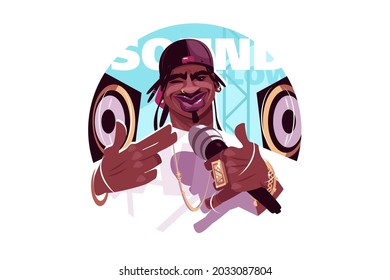 Afroamerican rap singer vector illustration. Man with baseball cap flat style. Guy with microphone wearing gold accessory. Music and art concept. Isolated on white background