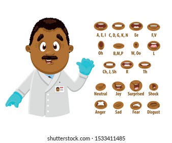 Afro-american scientist in lab coat shows to set of mouth, teeth positions. Lip sync emotions collection. Can be used for animation. Cartoon vector illustration isolated on white background.