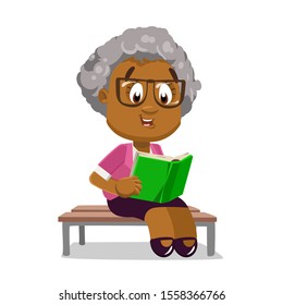 Afro-american silver haired aged woman in pink blazer and skirt spending time outdoor. Spectacled elderly lady sitting on bench and reading book. Vector cartoon illustration isolated on white.