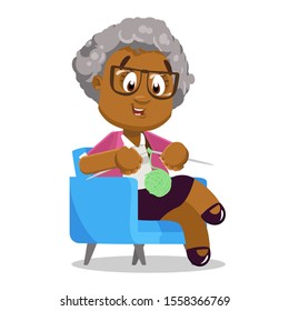 Afro-american silver haired elderly lady in pink blazer and skirt sitting in armchair with needles and ball of wool. Aged woman knitting. Hobby concept. Vector cartoon illustration isolated on white.