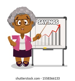 Afro-american spectacled aged woman in pink blazer standing near flipchart with diagram and tell about good financial results, savings growth. Silver haired lady, pensioner making presentation.