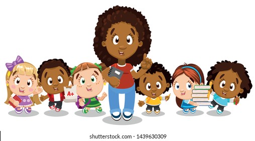 Afro-american teacher with copybook standing in front of group of schoolchildren. Class of funny multiracial kids with backpacks, books, pencil. Back to school concept. Vector cartoon on white.