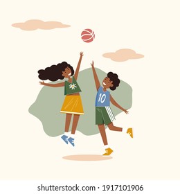 Afro-american vector smiling boy and girl play ball 