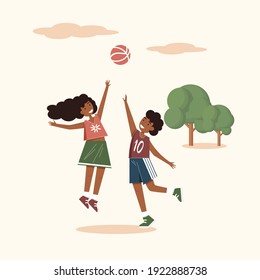 Afro-american vector smiling boy and girl play ball on the pink background