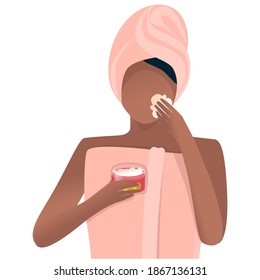 Una mujer afroamericana después de la ducha hace procedimientos cosméticos en su cara. El concepto de un estilo de vida sano, cosmetología, cuidado de la cara, ojos, tratamientos de spa. Estilo plano de la caricatura