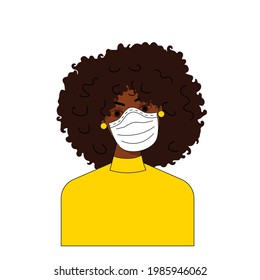 Afro-American woman with curly hair, dressed in yellow in the mask. Avatar. International concept. Vector illustration. 