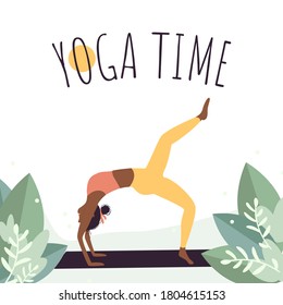 Afro-american woman doing yoga in the garden. Time for yoga concept background. Relax woman in flat style. Vector Illustration for sport and healthy life