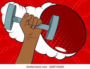 Afro-American woman hand holding dumbbell on comic book background. Cartoon style vector illustration. Drawn fitness equipment.