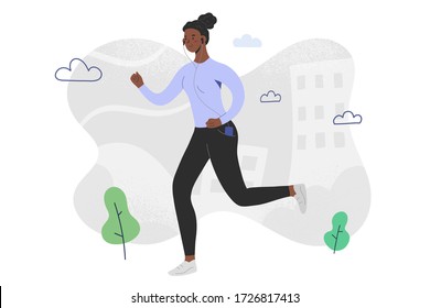 Afro-american woman running and listening to music in headphones, smartphone app, character runner, vector drawing of female person jogging, modern city scene, good as web or app illustration