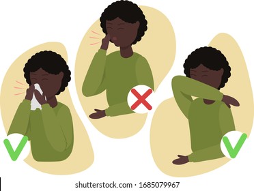 Afroamerican woman sneezing in a scarf and/or elbow. How to sneeze right and wrong Infographic. Virus spread prevention. Flat vector illustration.