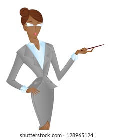 afro-american woman in suit pointing, isolated on white