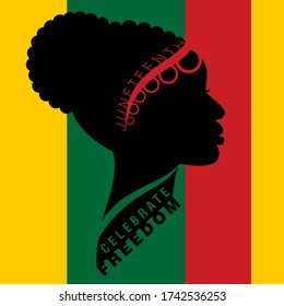 Afro-american woman in traditional cornrow up-do bun hairstyle with lettering on Freedom