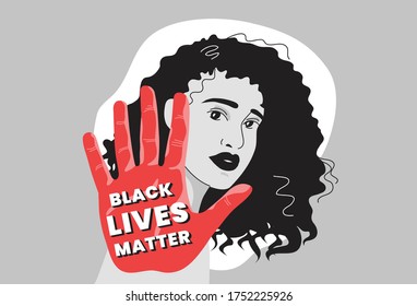 Afro-american woman-protestor with a message Black Lives Matter on a palm. International human rights movement poster