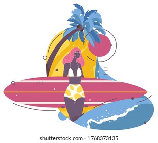 Afroamerican young girl in a swimsuit with surfboard, palms and wave. Isolated on white tropical scene goof for surfing school web site in vibrant colors