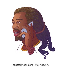 Afro-American young man with dreadlocks speaking on the phone and smiling. Colored linear sketch isolated n white background. EPS10 vector illustration