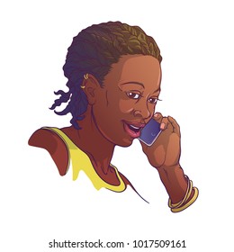 Afro-American young woman with cornrow braids speaking on the phone and smiling. Colored linear sketch isolated on white background. EPS10 vector illustration