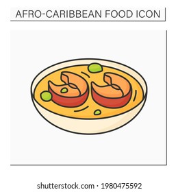 Afro-Caribbean food color icon. Okra soup with assorted meat or fish. Nigerian traditional soup. Local food concept. Isolated vector illustration