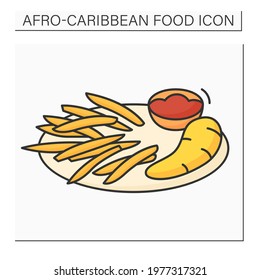 Afro-Caribbean food color icon.Boiled ghanaian yarn. Sliced potatoes, yams. Sauce containing tomatoes, oil and spices garnish. Local food concept. Isolated vector illustration
