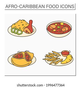 Afro-Caribbean food color icons set. Jollof rice and fried stewed chicken, efo egusi, meat pie, boiled ghanaian yarn. Local food concept. Isolated vector illustrations