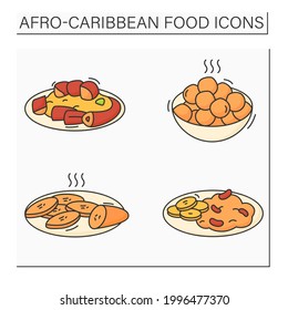 Afro-Caribbean food color icons set. Jollof oxtail, fried plantain, ewa, puff-puff. Traditional dishes.. Local food concept. Isolated vector illustrations