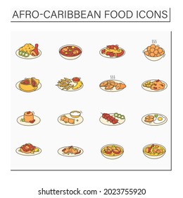 Afro-Caribbean food color icons set. Traditional dishes. Oktail, ewa rira, meat pie, akara and ogi. Local food concept. Isolated vector illustrations